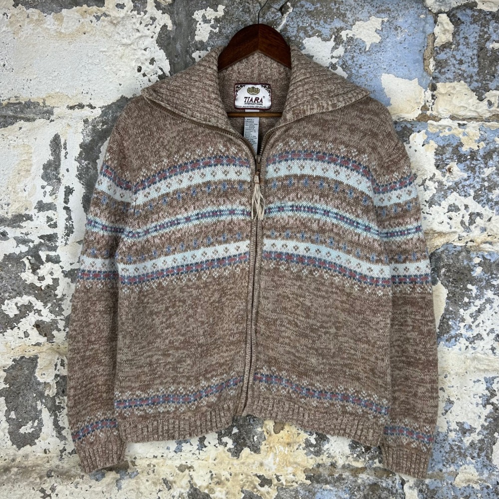 Y2K Tiara International Cardigan Brown Fair Isle Zip Ramie Cotton Knit Women L